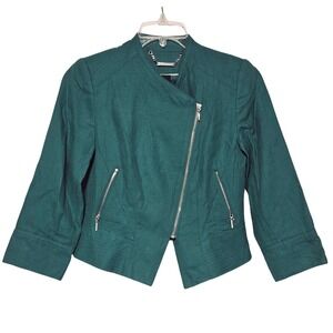 White House WHBM Women's Teal Green Linen Blend Asymmetric Moto Jacket 6 Edgy